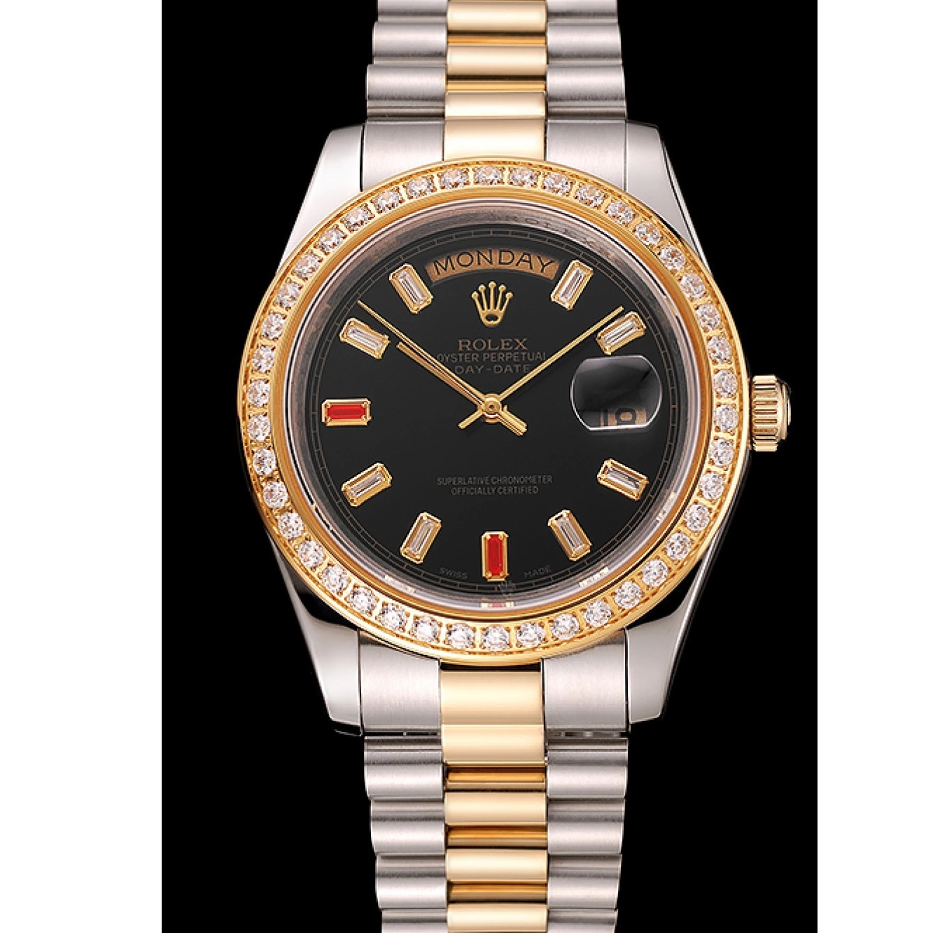Good copy rolex watches Dial Black 1454105 Rolex Two Day-Date Rubies And Diamonds Bracelet Swiss Tone 0717